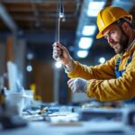 A photograph of a lighting contractor expertly pulling a string through an electrical conduit in a well-lit construction environment