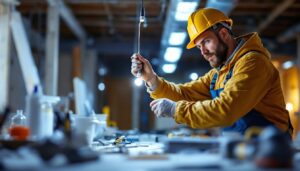 A photograph of a lighting contractor expertly pulling a string through an electrical conduit in a well-lit construction environment