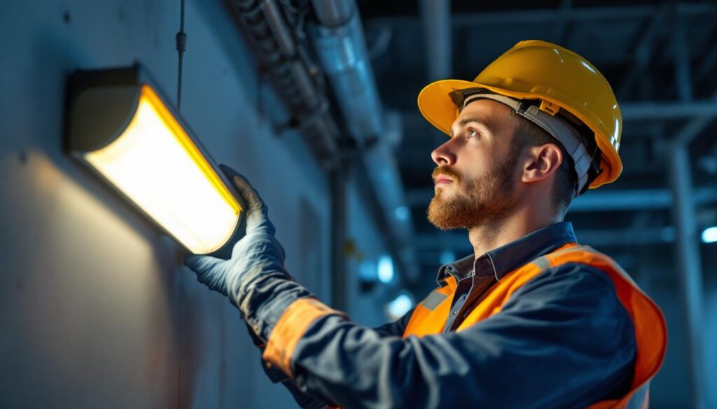 A photograph of a lighting contractor inspecting a high-quality emergency led light installation in a commercial setting