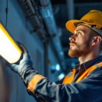 A photograph of a lighting contractor inspecting a high-quality emergency led light installation in a commercial setting