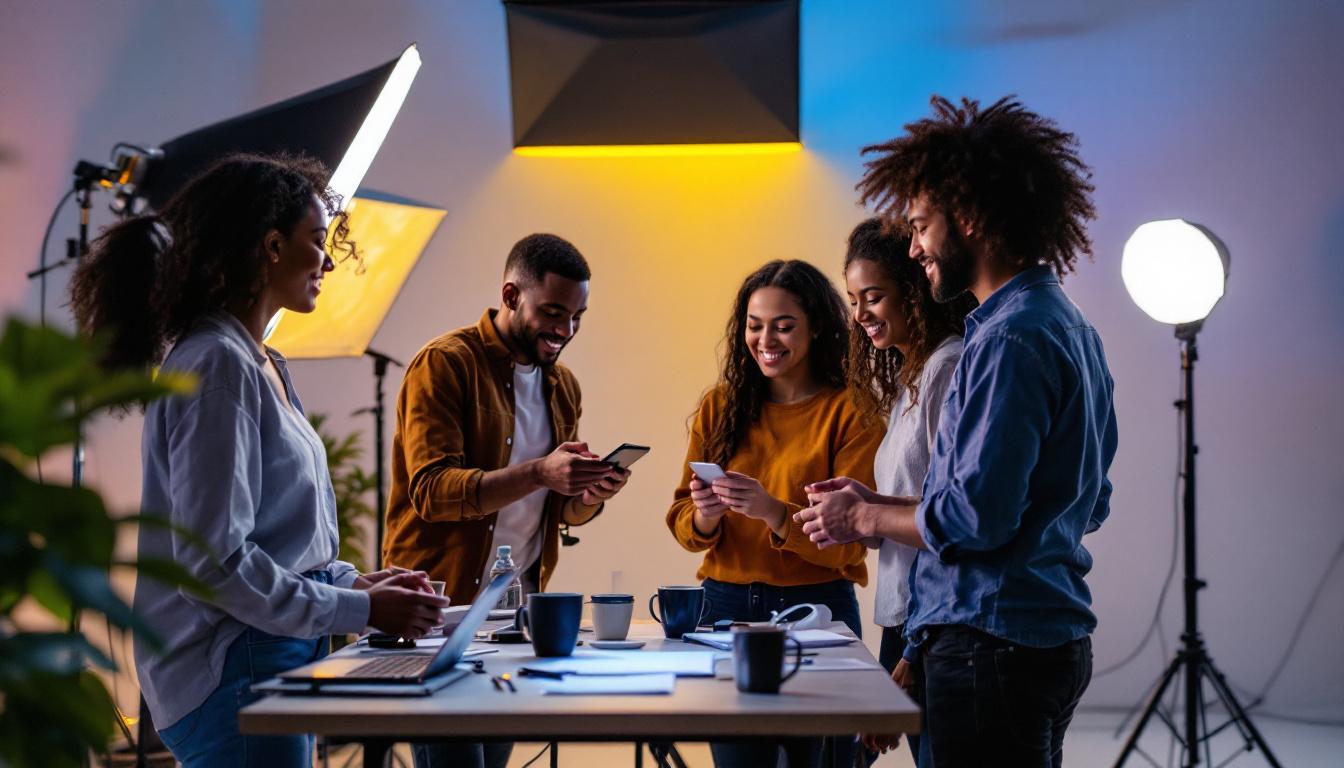 A photograph of a diverse group of team members engaged in a hands-on lighting training session