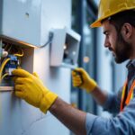 A photograph of a skilled lighting contractor installing or inspecting an outside electrical connection box