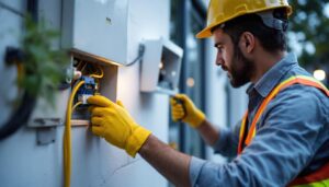 A photograph of a skilled lighting contractor installing or inspecting an outside electrical connection box