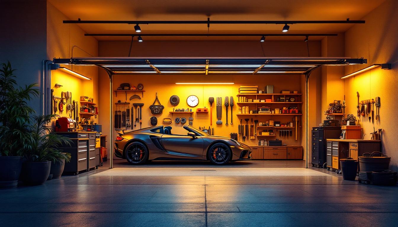 A photograph of a modern garage illuminated by stylish
