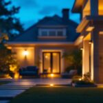 A photograph of a well-lit outdoor space featuring various styles of security lights installed around a home