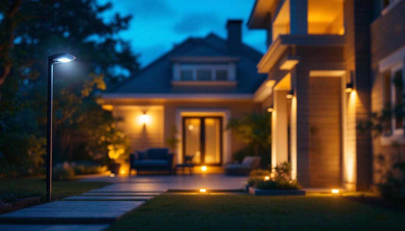 A photograph of a well-lit outdoor space featuring various styles of security lights installed around a home
