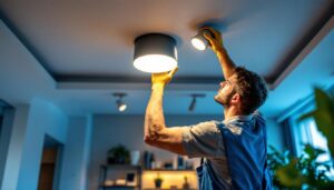 A photograph of a skilled lighting contractor installing led pot lights in a modern ceiling