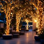 A photograph of a beautifully illuminated outdoor space featuring white string lights elegantly draped across trees and patio areas
