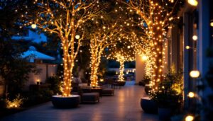 A photograph of a beautifully illuminated outdoor space featuring white string lights elegantly draped across trees and patio areas