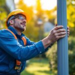 A photograph of a lighting contractor installing outdoor posts for lights in a residential or commercial setting