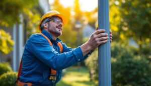 A photograph of a lighting contractor installing outdoor posts for lights in a residential or commercial setting