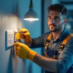 A photograph of a skilled lighting contractor installing high-quality electrical outlets in a modern home setting
