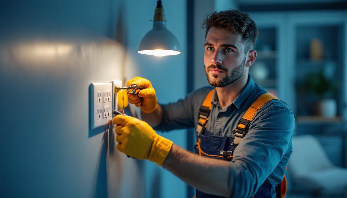A photograph of a skilled lighting contractor installing high-quality electrical outlets in a modern home setting