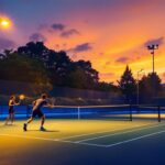 A photograph of a well-lit tennis court at dusk
