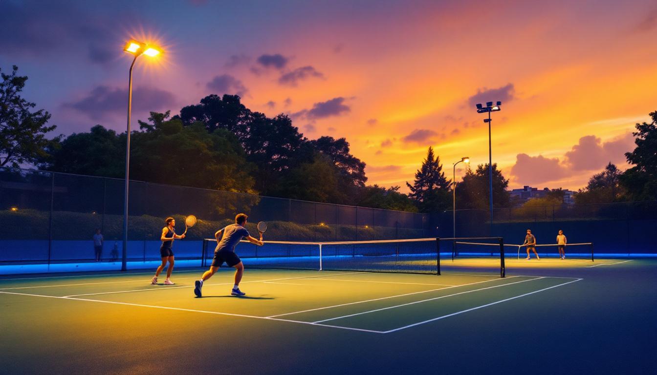 A photograph of a well-lit tennis court at dusk