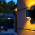 A photograph of a well-lit outdoor space featuring a stylish motion sensor wall light installed on a home or building
