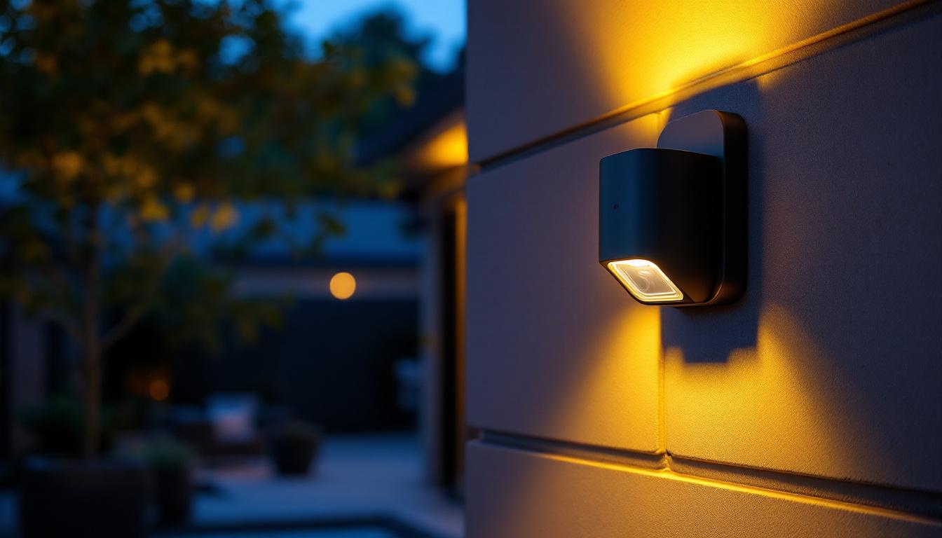 A photograph of a well-lit outdoor space featuring a stylish motion sensor wall light installed on a home or building