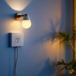 A photograph of a stylish wall sconce with an integrated outlet