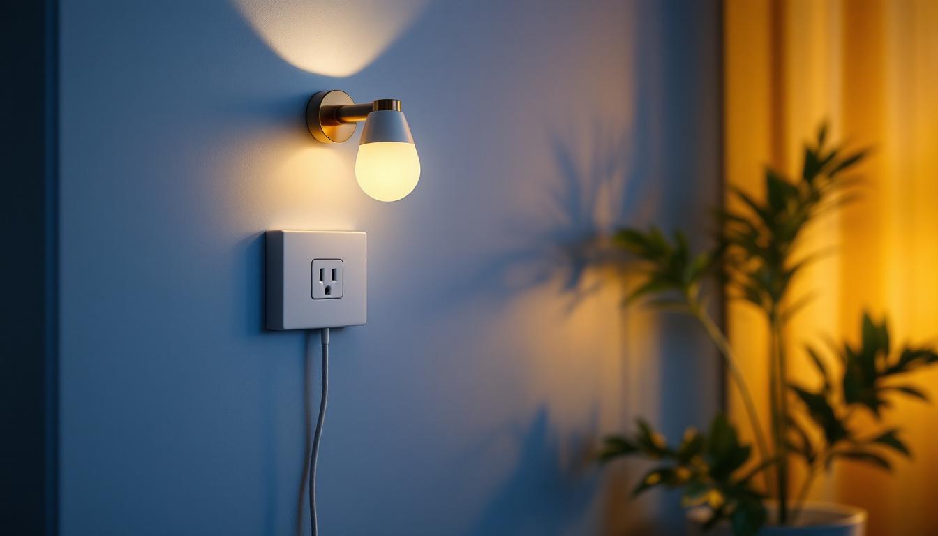 A photograph of a stylish wall sconce with an integrated outlet