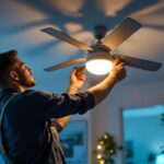 A photograph of a skilled lighting contractor installing a stylish ceiling fan in a beautifully lit room