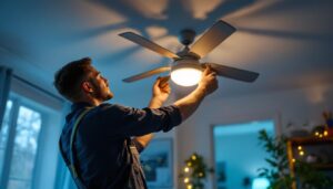 A photograph of a skilled lighting contractor installing a stylish ceiling fan in a beautifully lit room