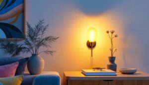 A photograph of a beautifully designed wall sconce illuminating a stylish interior space