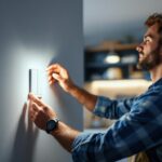 A photograph of capture a photograph of a lighting contractor expertly installing a 3-way light switch in a stylish home setting