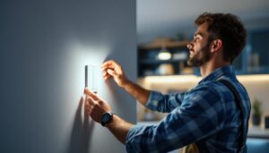 A photograph of capture a photograph of a lighting contractor expertly installing a 3-way light switch in a stylish home setting