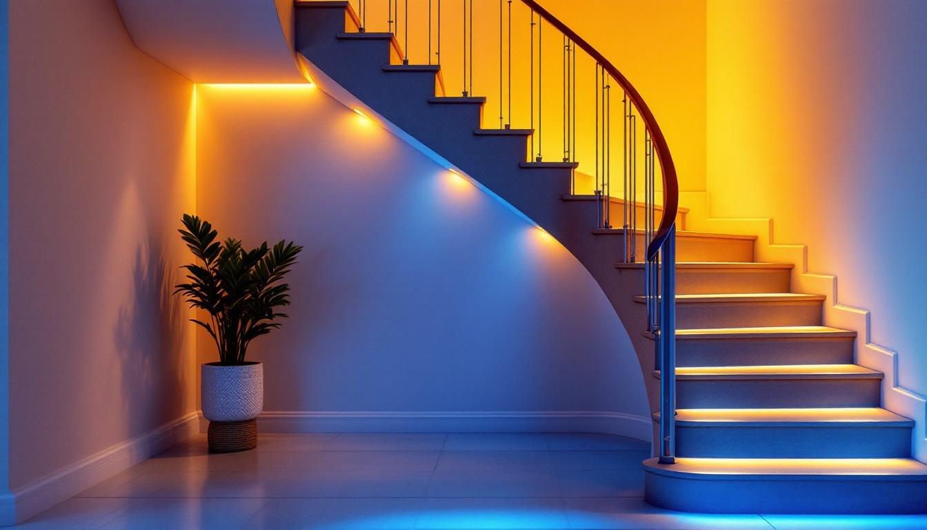 A photograph of a beautifully designed under stair lighting installation