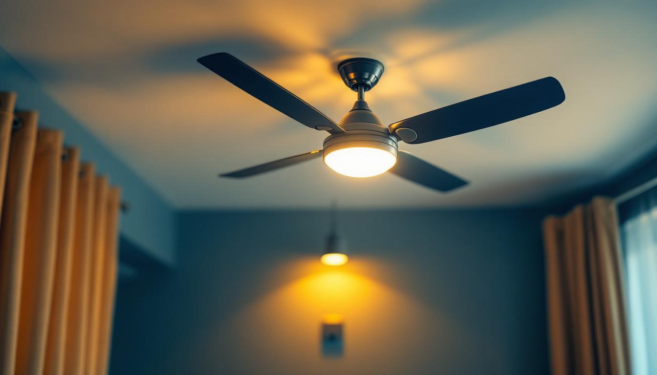 A photograph of a beautifully designed ceiling fan with an integrated light fixture installed in a well-lit room