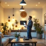 A photograph of a lighting contractor inspecting a well-lit residential space