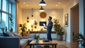 A photograph of a lighting contractor inspecting a well-lit residential space