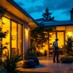 A photograph of a well-lit outdoor space featuring solar panel lights in action
