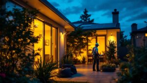A photograph of a well-lit outdoor space featuring solar panel lights in action
