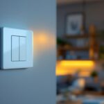 A photograph of a lighting contractor installing a three-way led dimmer switch in a modern home setting