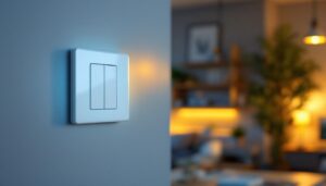 A photograph of a lighting contractor installing a three-way led dimmer switch in a modern home setting
