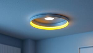 A photograph of a well-designed recessed emergency light installation in an indoor setting