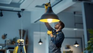 A photograph of a skilled lighting contractor installing a stylish hanging lamp in a modern interior space