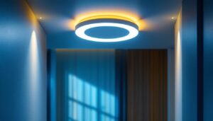 A photograph of a beautifully designed flushmount light fixture installed in a modern interior space