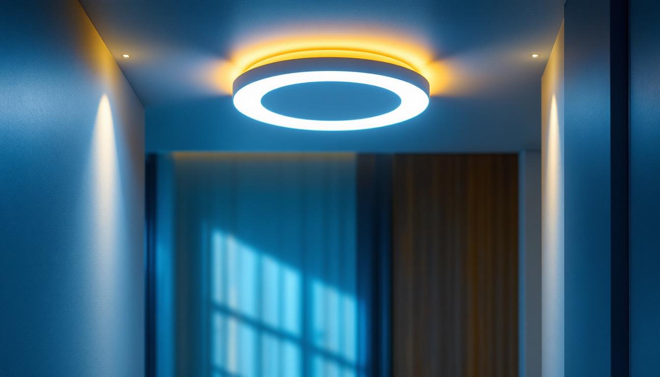 A photograph of a beautifully designed flushmount light fixture installed in a modern interior space