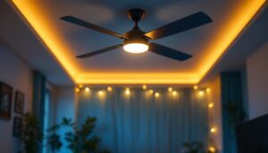 A photograph of a stylish ceiling fan equipped with a dimmer switch in a well-lit living space