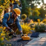 A photograph of capture a photograph of a lighting contractor installing solar-powered led lights in a beautifully landscaped outdoor setting