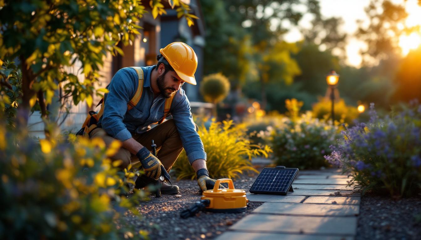 A photograph of capture a photograph of a lighting contractor installing solar-powered led lights in a beautifully landscaped outdoor setting