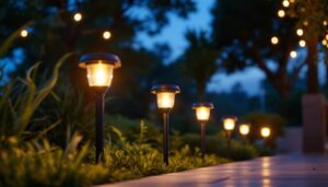 A photograph of a beautifully lit outdoor space featuring various styles of solar waterproof lights in action