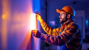 A photograph of a lighting contractor installing a vibrant led strip lamp in a modern interior setting