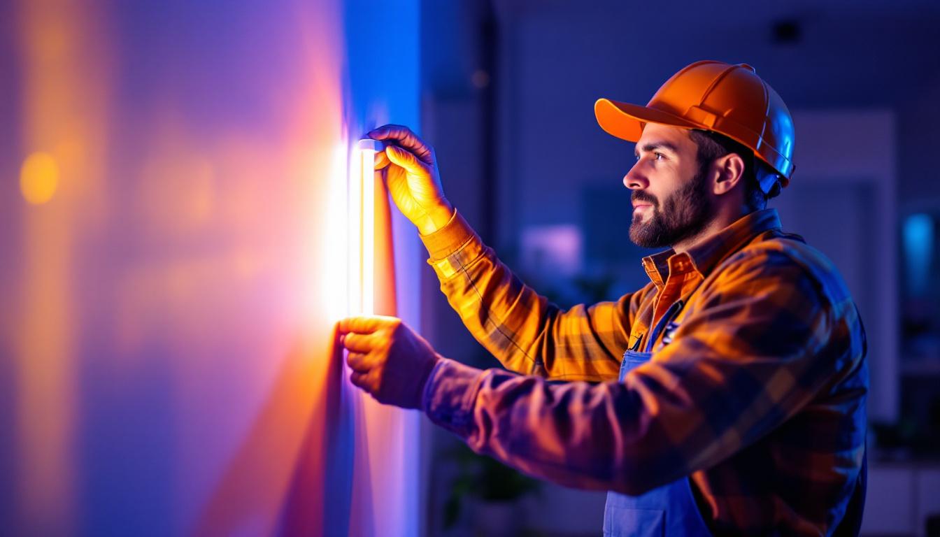 A photograph of a lighting contractor installing a vibrant led strip lamp in a modern interior setting