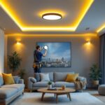 A photograph of a well-lit modern living space featuring sleek led ceiling can lights