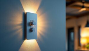 A photograph of a modern light switch with fan control installed on a stylish wall