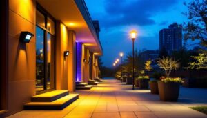 A photograph of a well-lit outdoor space featuring various security lighting installations