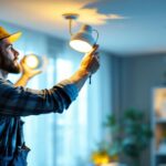 A photograph of a lighting contractor skillfully installing or adjusting indoor motion lighting in a modern home setting